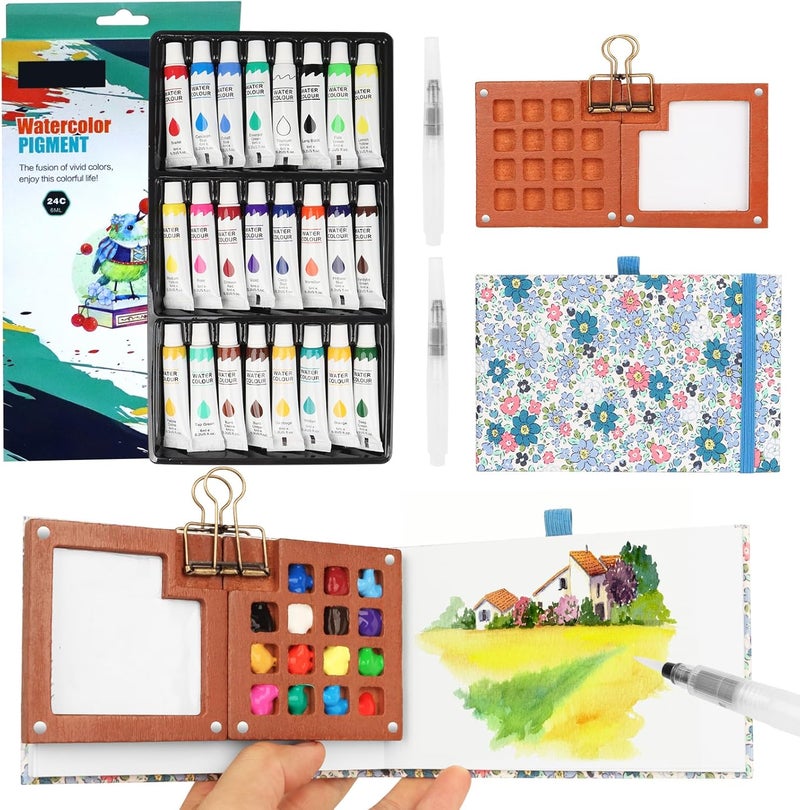 BLSFXROE Travel Watercolor Set，Mini Paint Palette Travel kit，Mini Water Color Paint Set，Wooden 15 Grid Paint Box,24 Colors Small Watercolor Sketchbook for Artists Painters Students(Blue) - Image 1